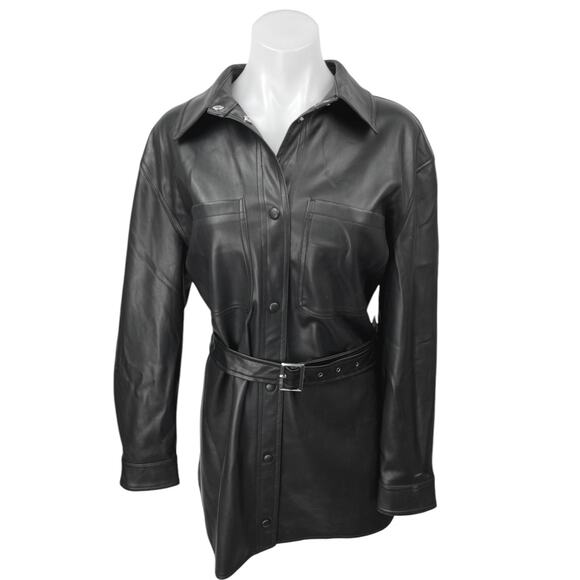 Vero Moda Women's Black Vegan Faux Leather Belted Button Up Trench Coat Jacket M - Picture 1 of 5
